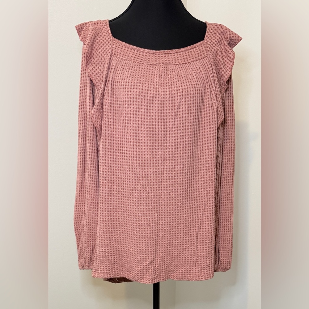 Chic Soul Dusty Rose Waffle Knit Ruffle Shoulder Square‎ Neck Long Sleeve Top